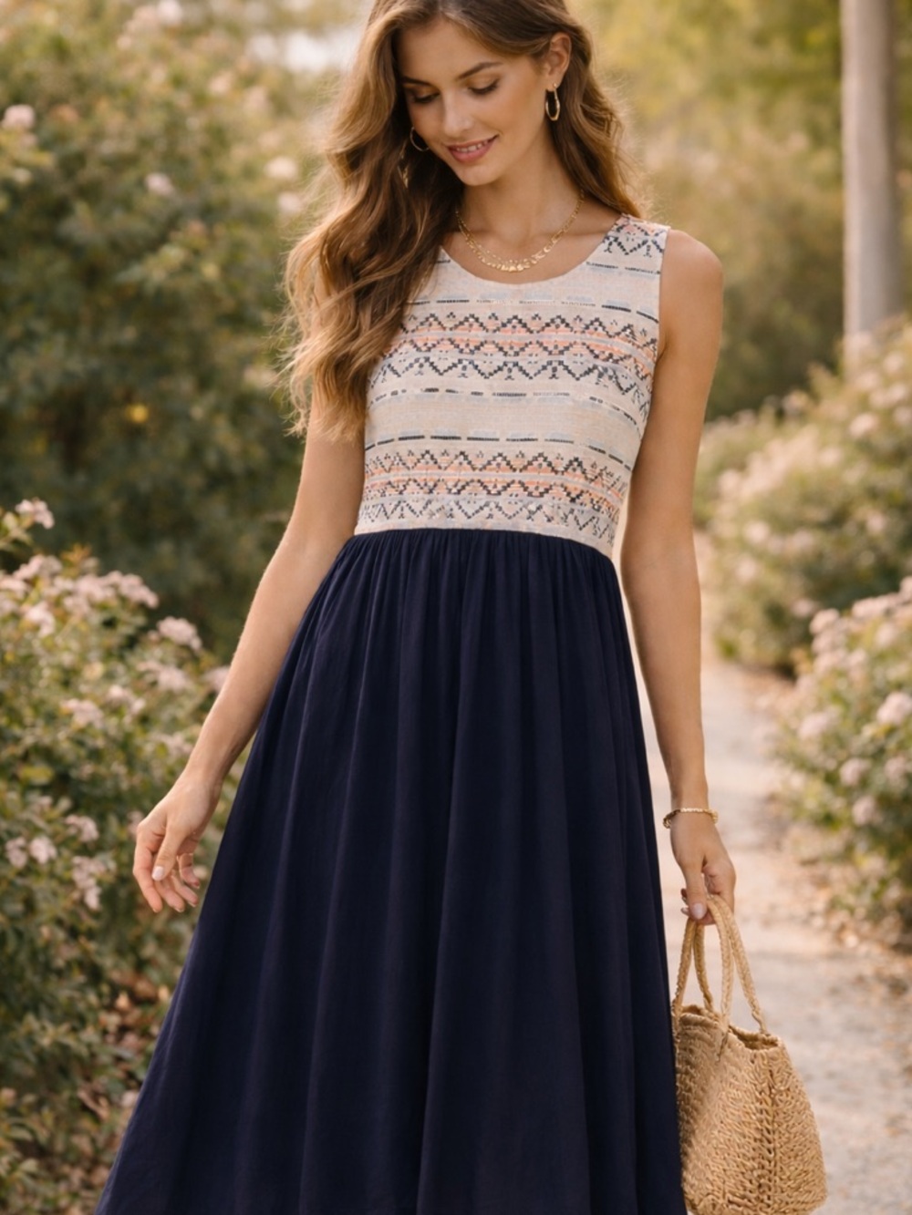 Anthro Left Coast Collection Boho Midi Dress Navy Sleeveless Romantic Size S